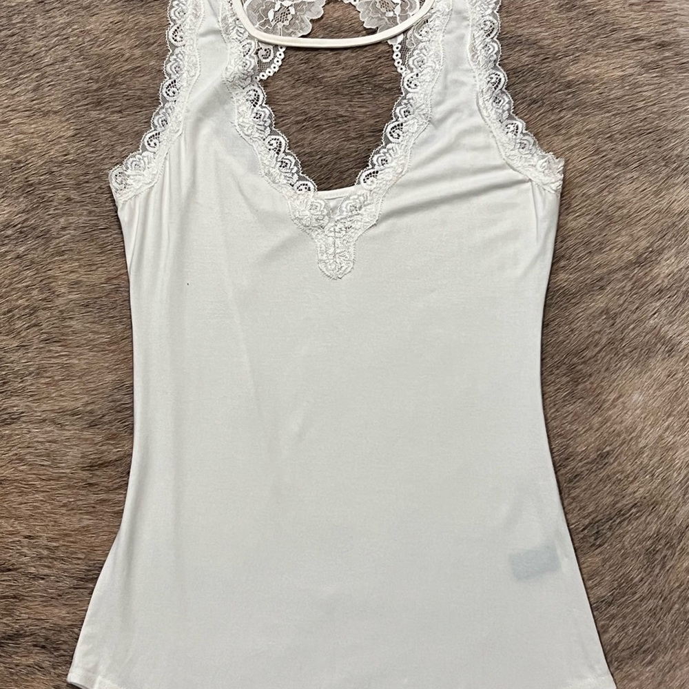 White Sleeveless Lace Trim Keyhole Top – Size S